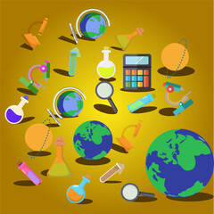 Vector Set of Science and Earth Education Icons with Beakers, Test Tubes, and Globes for Classroom Learning and STEM Posters