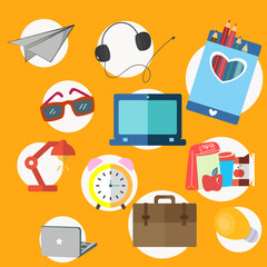 Flat Vector Set of School and Office Items Including Laptop, Clock, Glasses, and Backpack for Learning and Working Concepts	