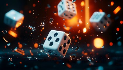 Dynamic dice in mid-air with shattering glass.