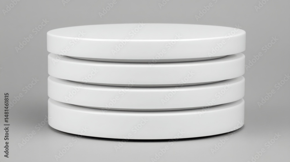 Poster neatly stacked white plastic plates on a clean background emphasizing minimalist design and function