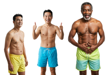 Three Males of Diverse Ages and Ethnicities Posing Together in Swim Trunks Against a transparent background, Showcasing Various Body Types and Expressions of Confidence