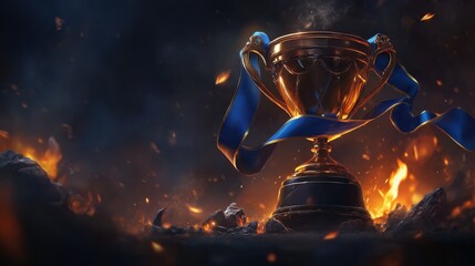 Golden trophy with a blue ribbon on a dark background, a wide banner for website design or social media post about a sports championship winner concept