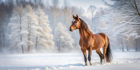 Arabian horse standing alone in a snow-covered field with trees in the background , arabiandog