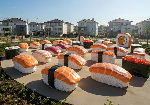 Colorful oversized sushi sculptures displayed outdoors for creative commercial use