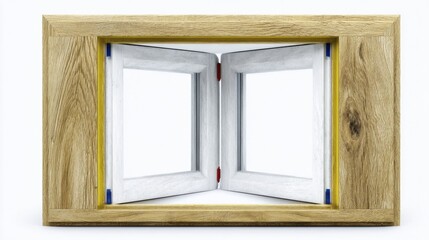 Fototapeta premium Lightweight wooden window frame with white accents isolated on white background. Generative AI