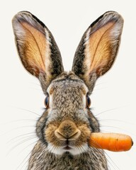 Obraz premium Adorable baby rabbit enjoying a tiny carrot, ears up, set against a pure white background