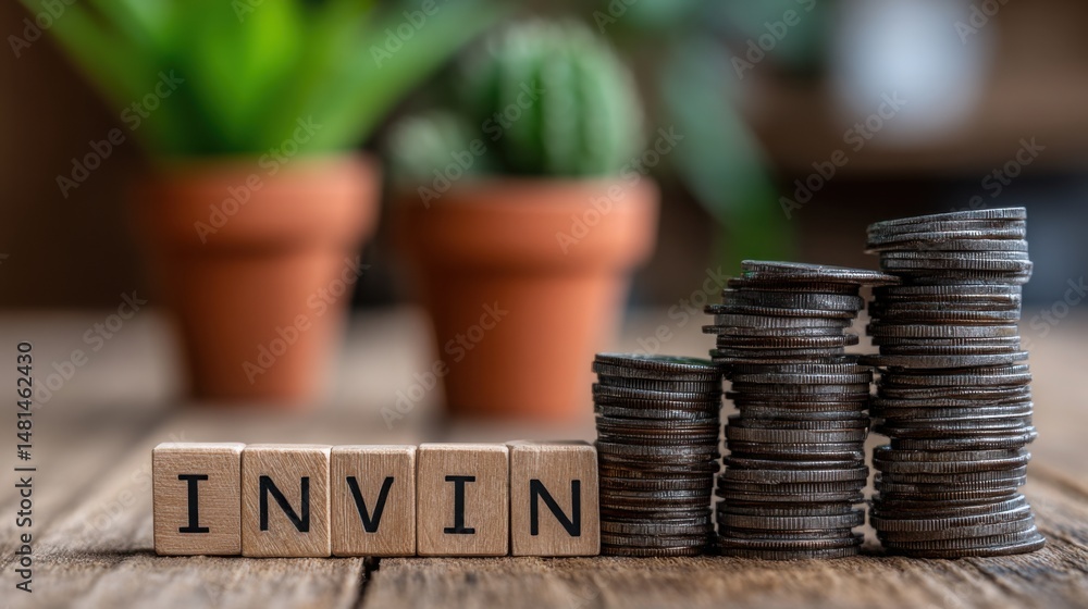 Poster stack of coins forming the word infinctur with blocks on a table representing simplified earnings an