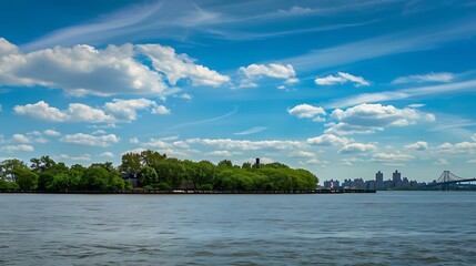 Scenic River Landscape With Lush Green Island Under A Bright Blue Sky With White Clouds