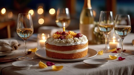 Cake with candles on celebratory table