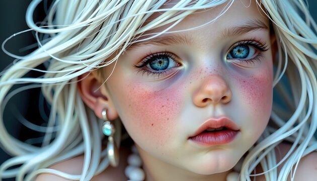Close up of a moonchild with luminescent freckles and flowing white ha