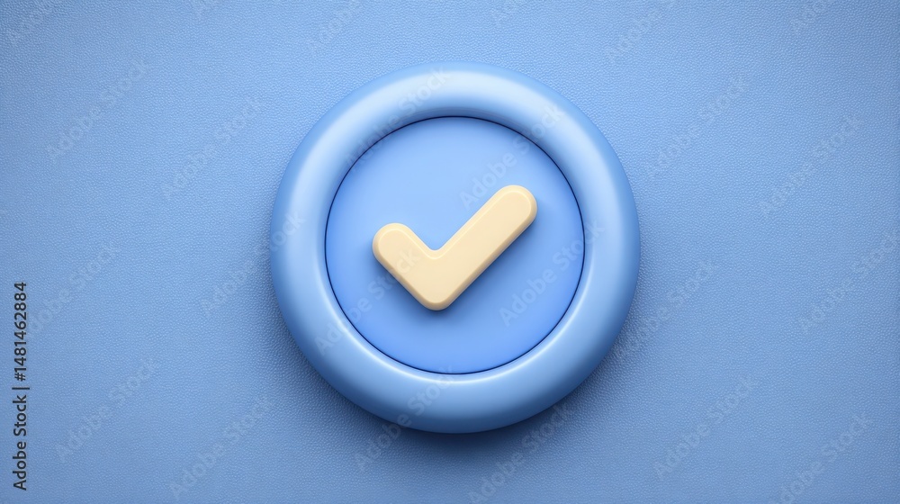 Poster bold blue button featuring a yellow tick mark in a minimalist design representing clean logic valida