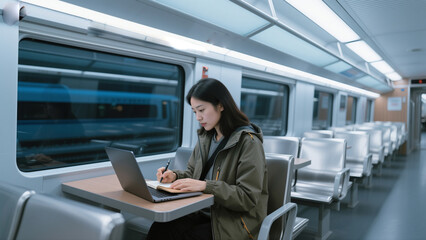 Fototapeta premium Natural Light Portrait of Girl Sitting Near Window in Moving Train