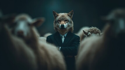 A wolf in a suit stands confidently among sheep, symbolizing dominance and contrast between predator and prey.
