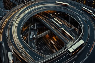 Fototapeta premium Aerial View of Circular Highway Intersection with Light Trails at Night in Tokyo Japan Urban Landscape Transportation Infrastructure