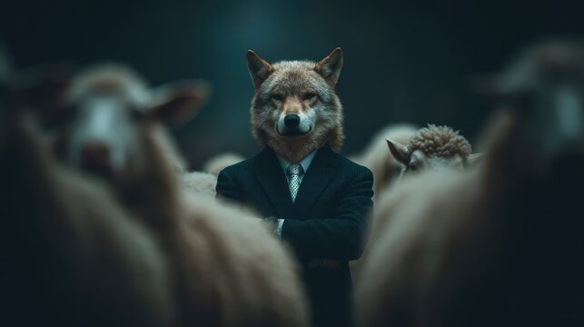 A wolf in a suit stands confidently among sheep, symbolizing dominance and contrast between predator and prey.