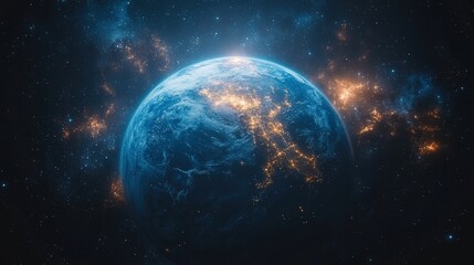 Obraz premium Stunning view of earth from space, illuminated by city lights against a starry backdrop.