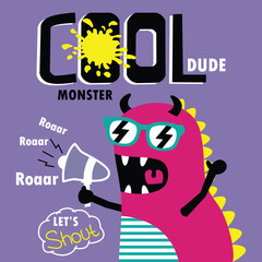 Cartoon monster using megaphone to shout words with lightning glasses in purple background. Personality and activity concept
