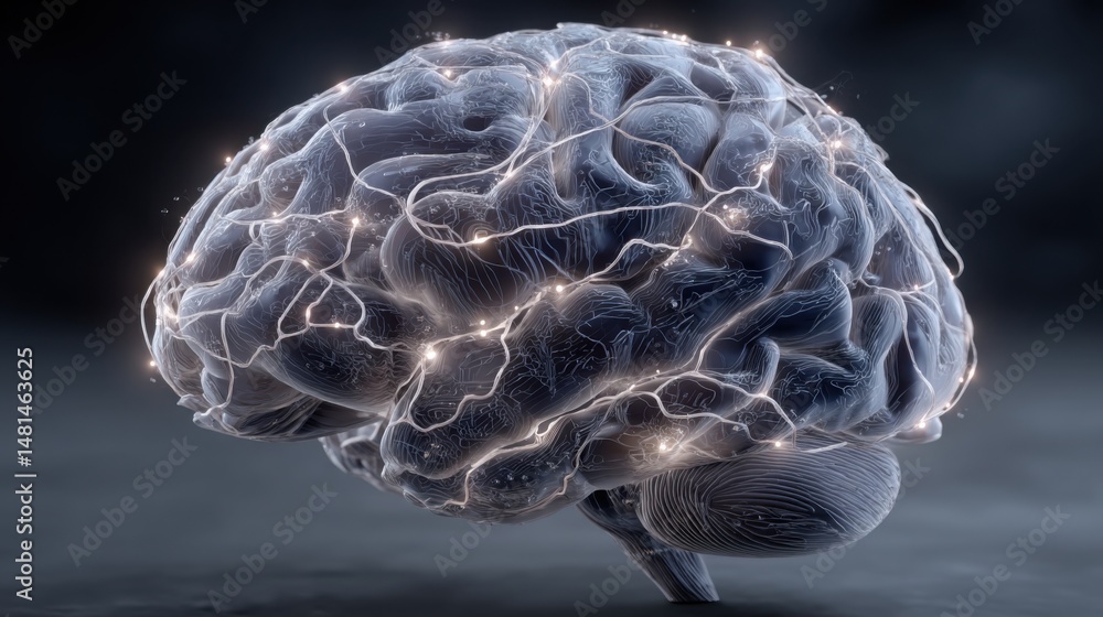 Poster detailed representation of a human brain showcasing neural activity and its role in adaptive behavio
