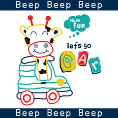 Hand-drawn cartoon giraffe driving a striped car with playful text and cheerful expression in creative children’s transportation illustration. Imagination and activity concept
