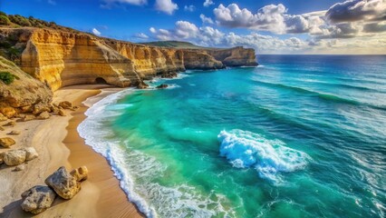 Obraz premium Serene ocean with rocky cliffs and turquoise waters, beachscape, waves, beachscape, waves, water, landscape, scenery