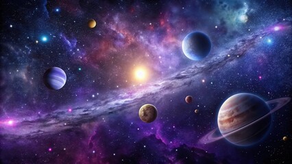 A vast expanse of black space with twinkling stars and a few planets visible, set against a backdrop of deep purple hue