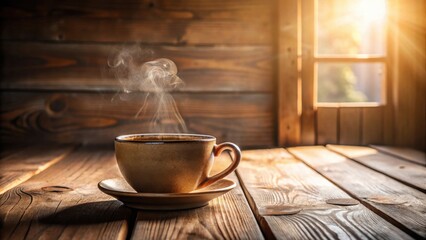 Aromatic steam rises from a warm beverage in a rustic earthenware cup, positioned on a weathered wooden table bathed in sunlight streaming through a nearby window.