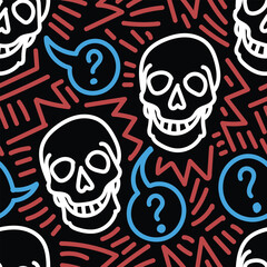 Skull head and question mark symbol seamless pattern in black for sticker, postcard, prints, mural, etc