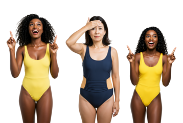 Three Women of Diverse Ages and Backgrounds in Colorful Swimwear Expressing Various Emotions Against a transparent background, Each in Unique Poses and Attire