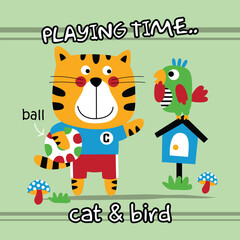 Cartoon cat holding colorful ball while talking to bird on birdhouse in cheerful outdoor play scene for children. Friendship and activity concept
