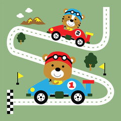 Cartoon bear and tiger racing colorful cars on winding track with flags and finish line in fun outdoor children’s scene. Sports and competition concept
