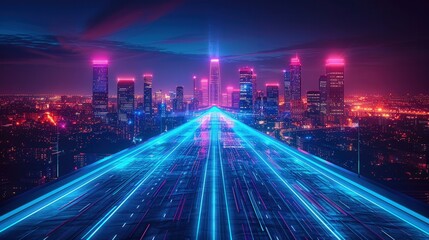 Fototapeta premium A vibrant neon-lit cityscape showcasing a futuristic pathway to a modern, glowing metropolis at dusk.