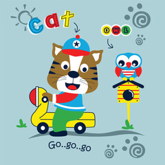 Cartoon cat riding a yellow scooter beside an owl sitting on a birdhouse in a cheerful children’s scene. Animal and activity concept
