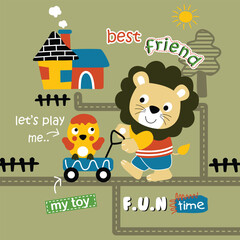 Cartoon lion pulling a toy in a wagon along town road with house and playful text elements for kids illustration. Childhood and friendship concept
