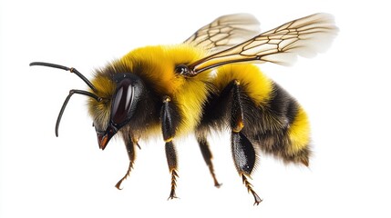 Close-up of a Fuzzy Bumblebee on White Background; Detailed Macro Shot of Insect; Yellow and Black Hairy Body; Transparent Wings; Studio Shot