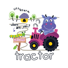 Cute cartoon cow driving a pink tractor on a playful farm illustration for children. Agriculture and education concept
