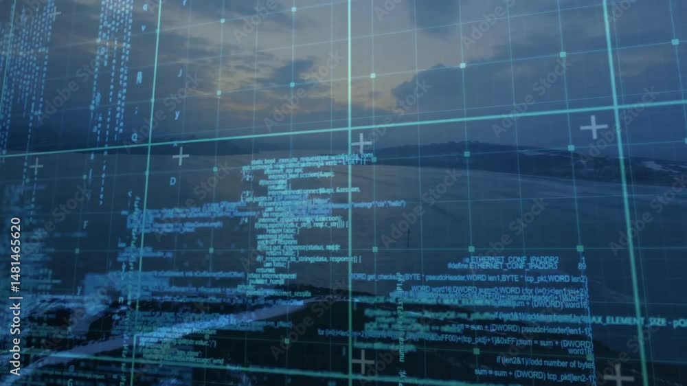 Poster 3d animation showing blue grid overlaying shoreline while scrolling code with plus-sign markers