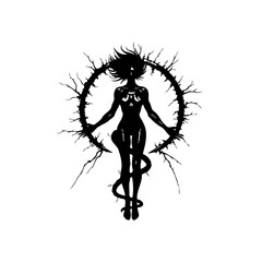 Enigmatic figure in a dark circle, mysterious silhouette against white canvas