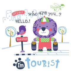 Cartoon purple bear dressed as tourist holding luggage near bus stop sign with airplane, skyline, and I'm tourist text in playful travel scene. Tourism illustration concept
