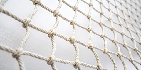 Close-up of a soccer net with white background and mesh texture, showing the threads woven together in a intricate pattern, netting, stadium background