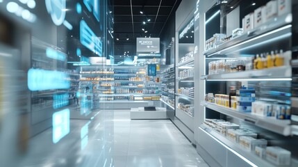 Futuristic pharmacy interior with digital displays