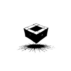 Abstract depiction of a falling fragmented cube with impact effect silhouette