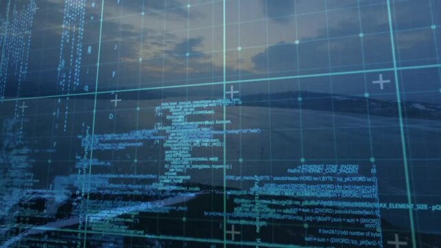 3D animation showing blue grid overlaying shoreline while scrolling code with plus-sign markers