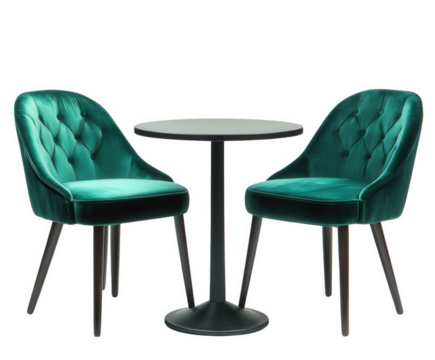 Two emerald green velvet chairs with wooden legs and a small table on a black backdrop.