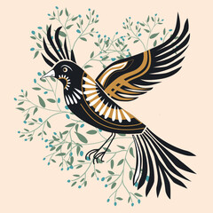 Illustrated bird in flight with decorative details and a floral background