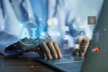 Fototapeta na wymiar Doctor interacting with AI automation tools on a laptop to streamline clinical workflow and enhance decision-making in healthcare