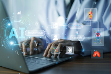 Doctor using AI automation to input medical data into a digital system for faster diagnosis and...