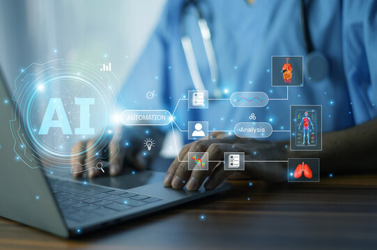 Doctor applying AI automation to analyze patient records through advanced algorithms and virtual health interfaces for precision treatment