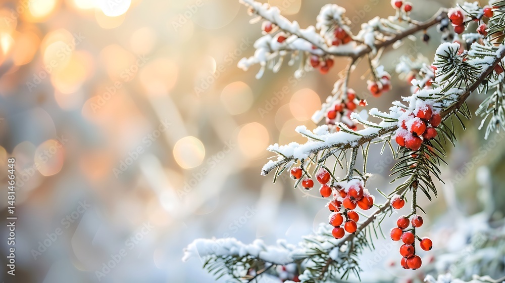 Poster snow covered evergreen branch with red berries under soft sunlight bokeh background