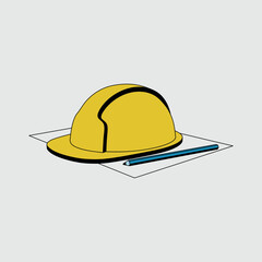 Helmet pencil and sheet of paper. Color illustration on background. Vector graphics.
