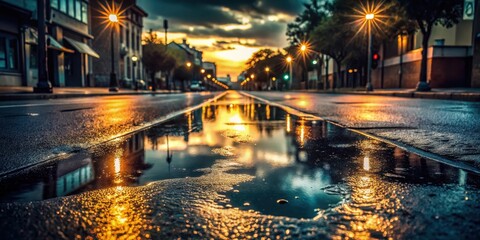 Fototapeta premium Dark street with wet asphalt and reflections of rays at dusk, urban landscape, reflection